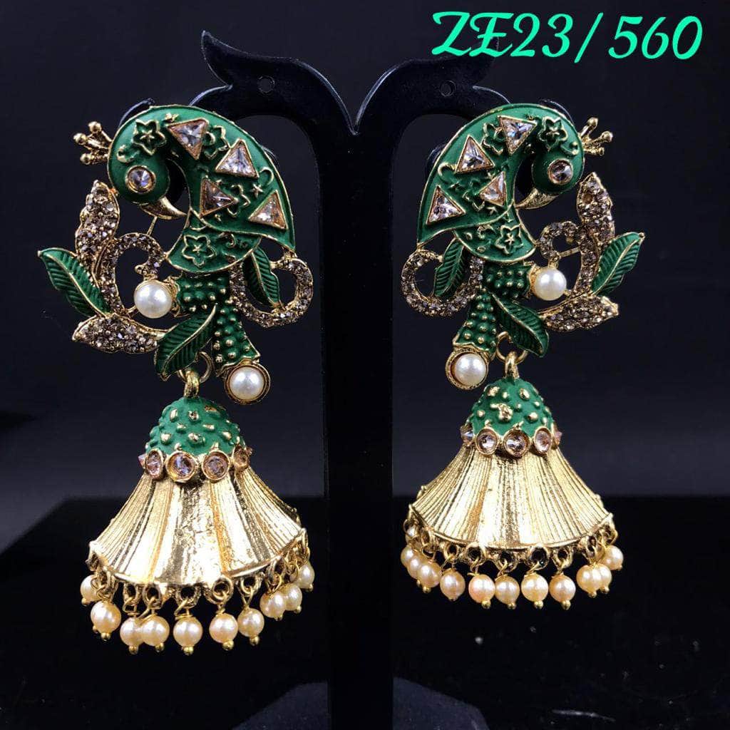 Zevar Earrings Green Peacock Design Brass, Metal Jhumki Earring By Zevar