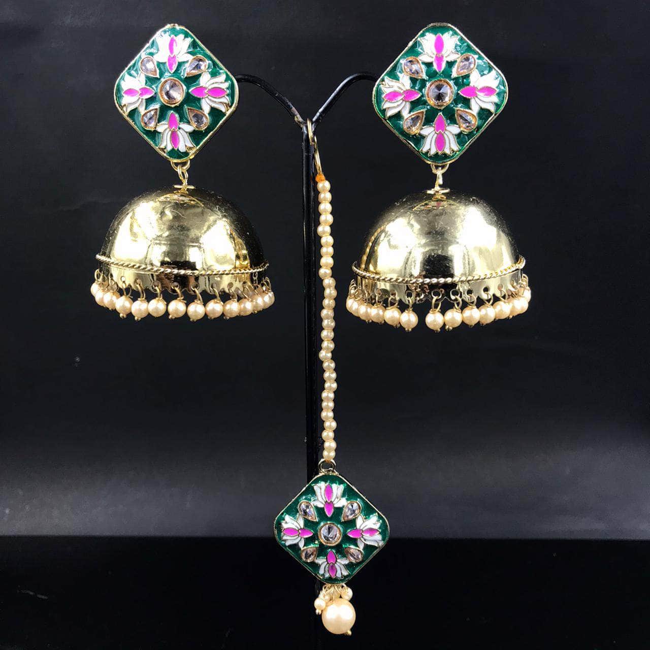 Zevar Earrings Green Royal Look Earrings With Maang Tikka Set By Zevar