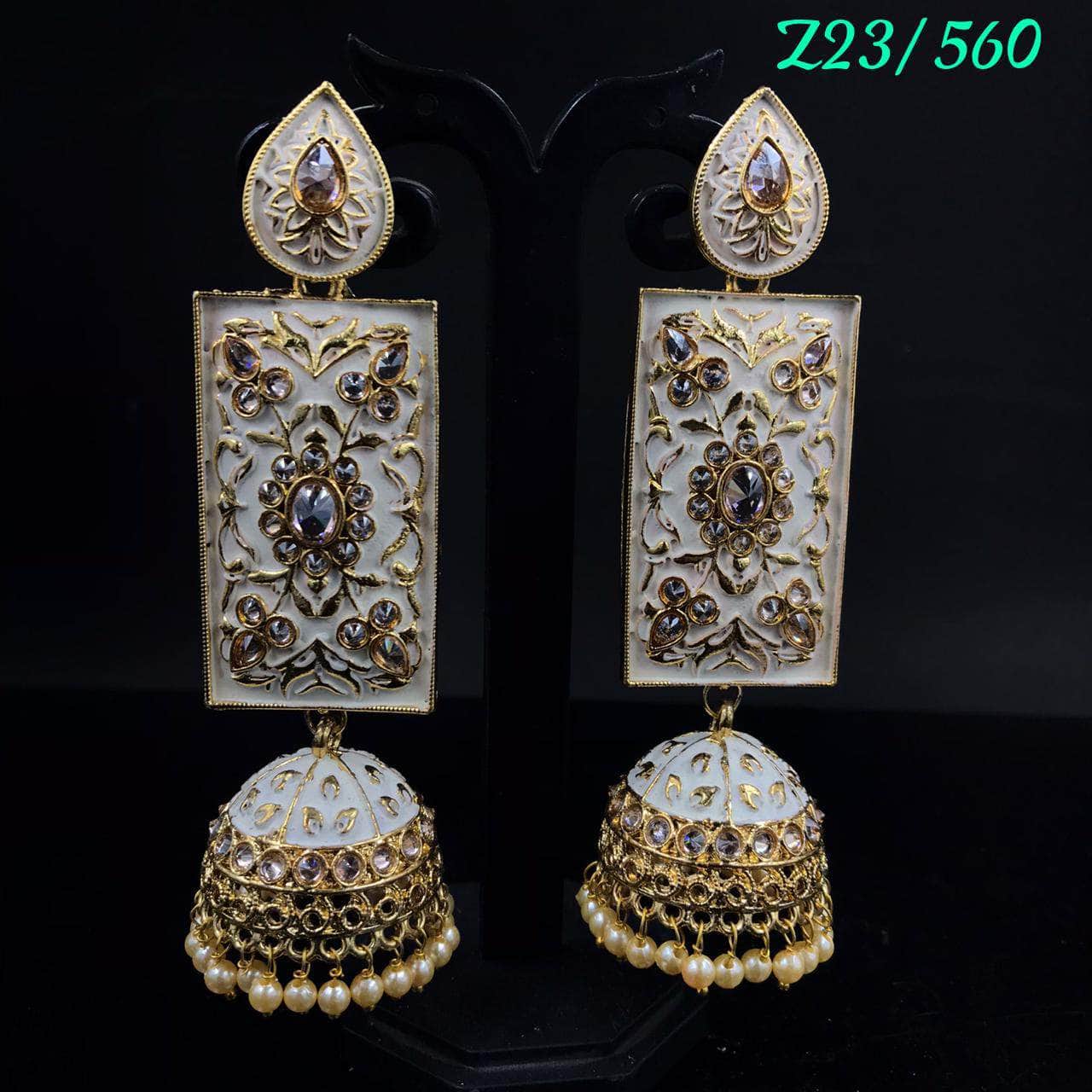 Zevar Earrings Grey Kundan Minakari Long Jhumka earrings Design By Zevar