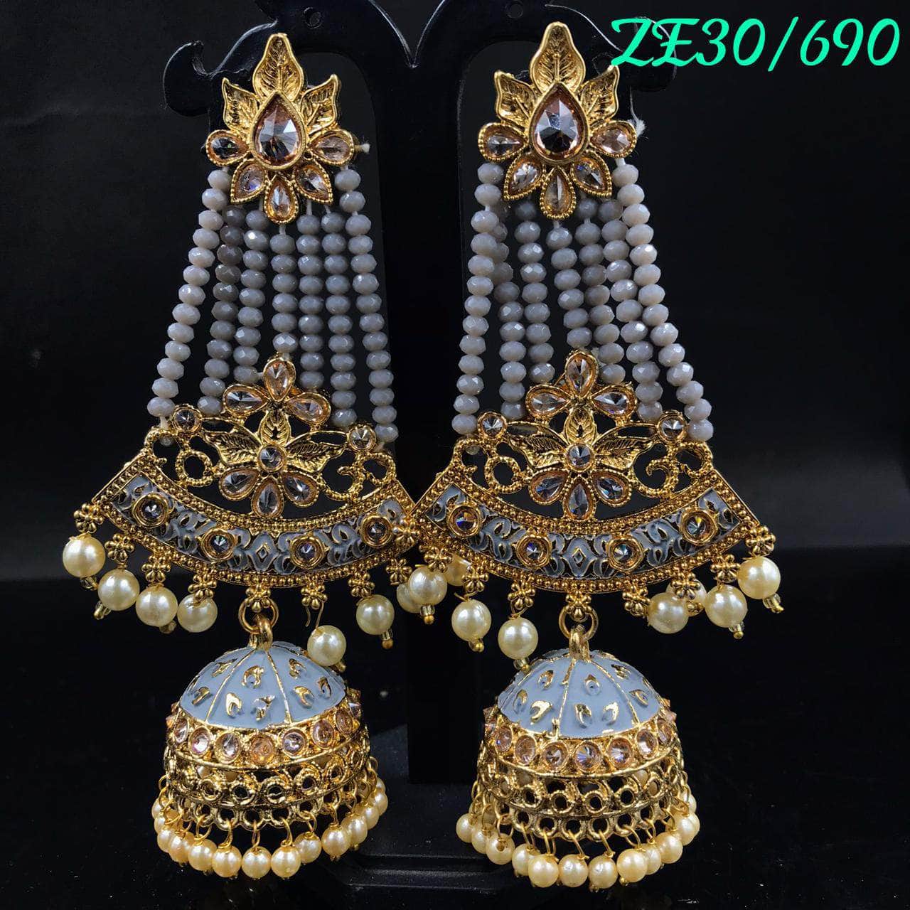 Zevar Earrings Grey Kundan Minakari Long Jhumka Earrings Design By Zevar