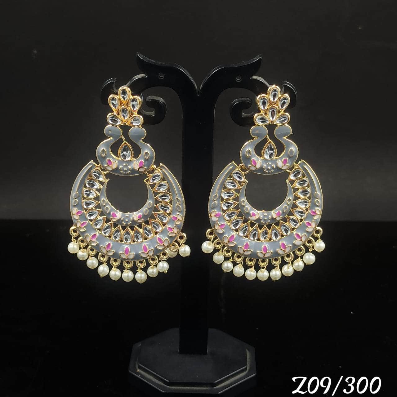Zevar Earrings GREY Kundan Minakari & Pearl Earrings Design By Zevar