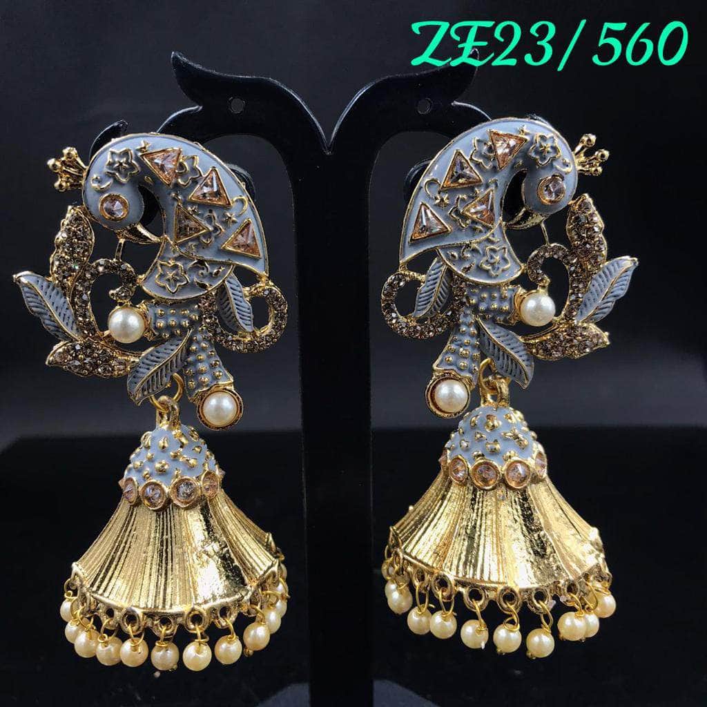 Zevar Earrings Grey Peacock Design Brass, Metal Jhumki Earring By Zevar