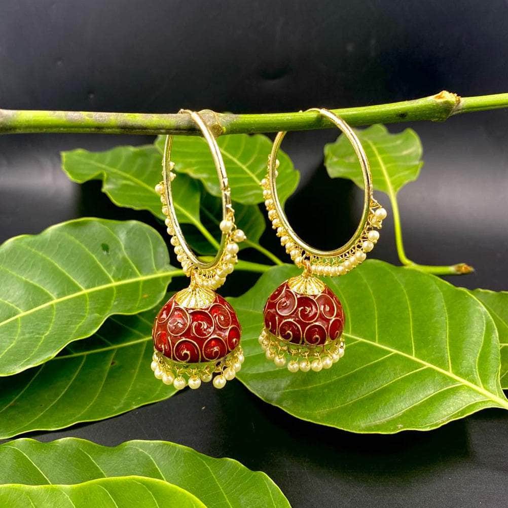 Zevar Earrings Indian Style Hoop Earring, Wire Wrapped Pearl Beads Jhumka, Meena Work Hoop Jhumki Earrings Set By Zevar