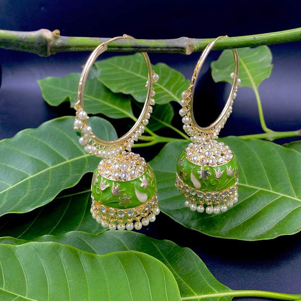 Zevar Earrings Indian Style Hoop Earring, Wire Wrapped Pearl Beads Jhumka, Meena Work Hoop Jhumki Earrings Set By Zevar