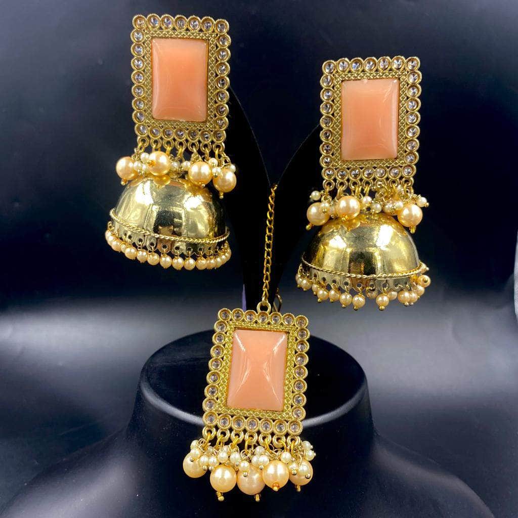 Zevar Earrings Indian Traditional Handmade Jhumki Earrings With Maang Tika /Gold Plated Earrings By Zevar.