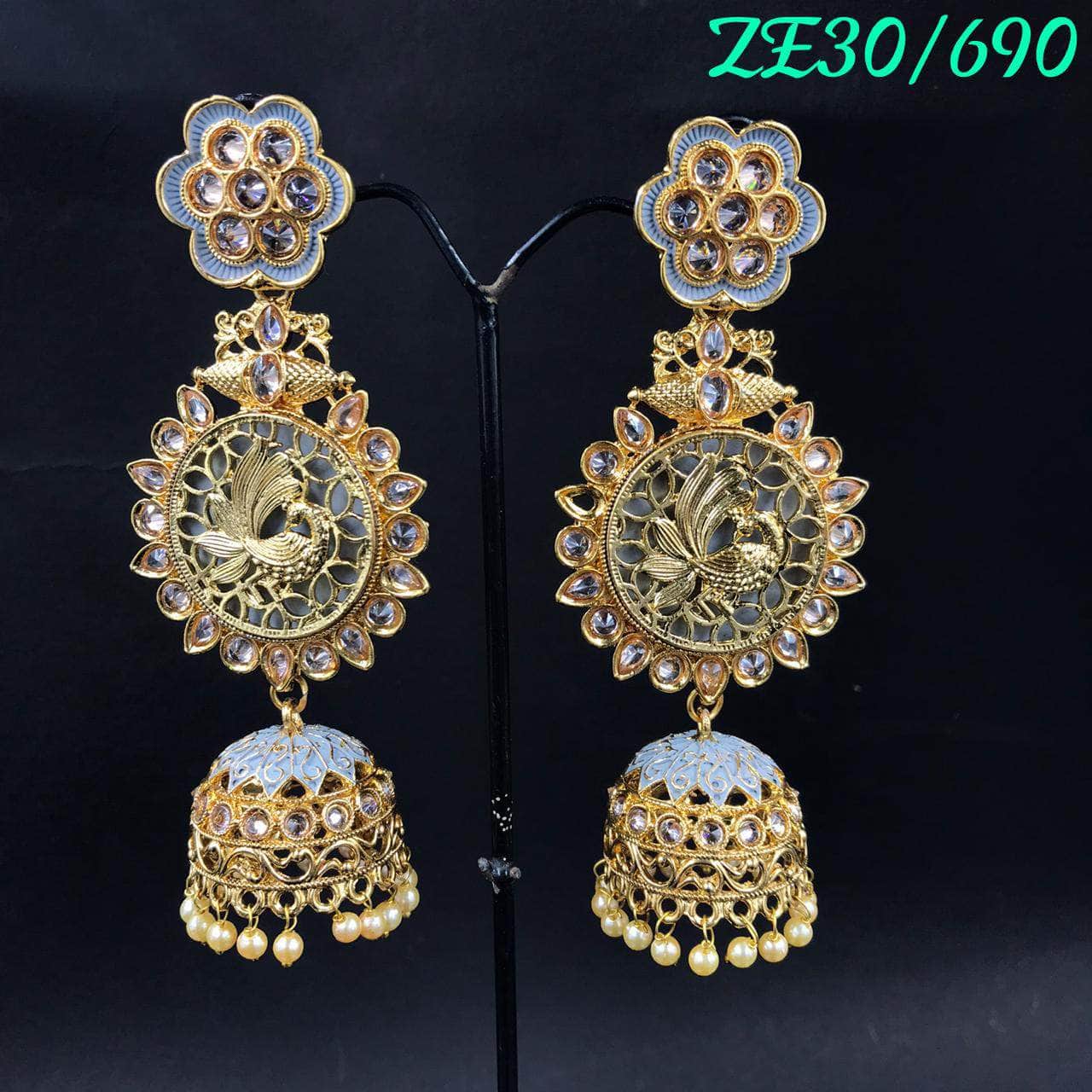 Zevar Earrings Light Blue Gold Pleted Meenakari Pearl Peacock Jhumki By Zevar