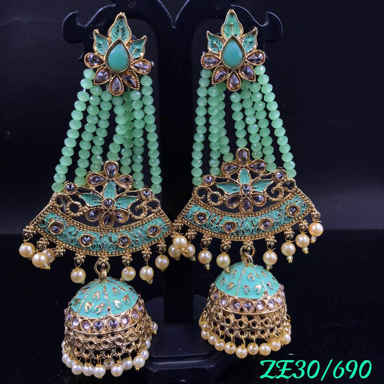 Zevar Earrings Light Green Kundan Minakari Long Jhumka Earrings Design By Zevar