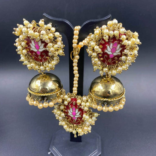 Zevar Earrings Mehroon gold-plated meenakari dome shaped jhumkas With Maang Tika By Zevar.
