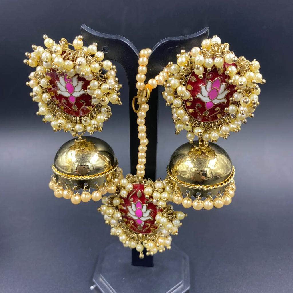 Zevar Earrings Mehroon gold-plated meenakari dome shaped jhumkas With Maang Tika By Zevar.