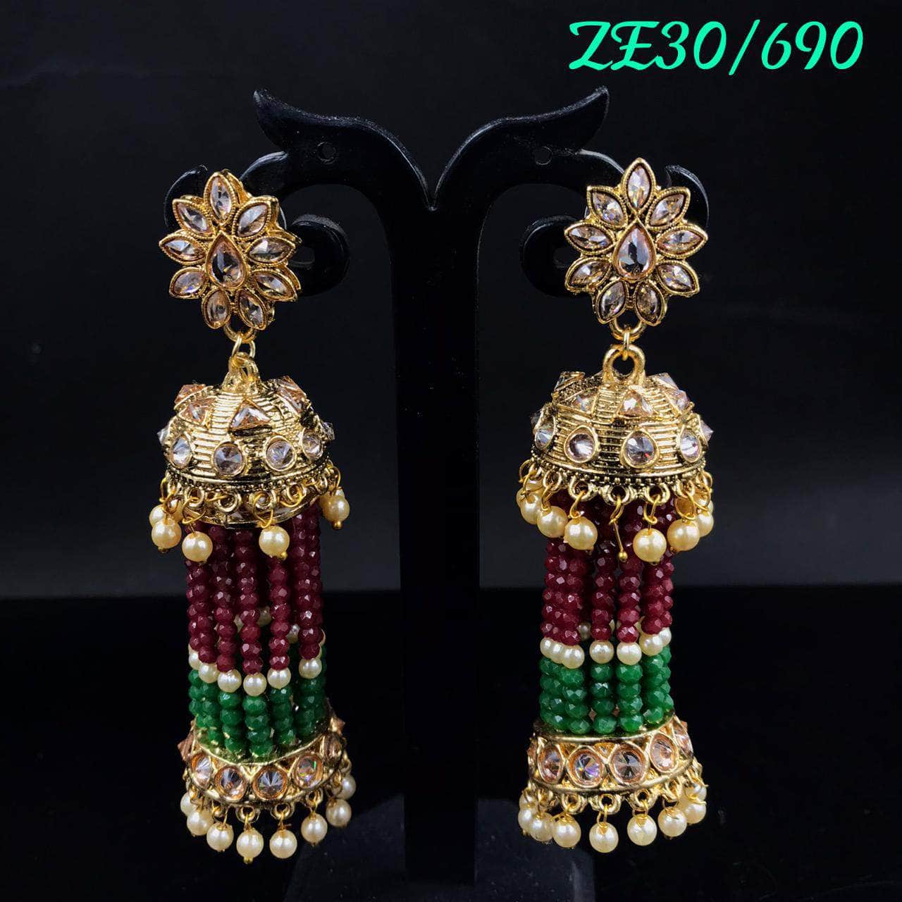 Zevar Earrings Meroon+Green Kundan Earrings Jhumkas Design By Zevar