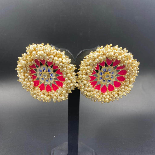 Zevar Earrings New Hand Painted Red Meenakari With Cluster Pearl Earrings Desing By Zevar.