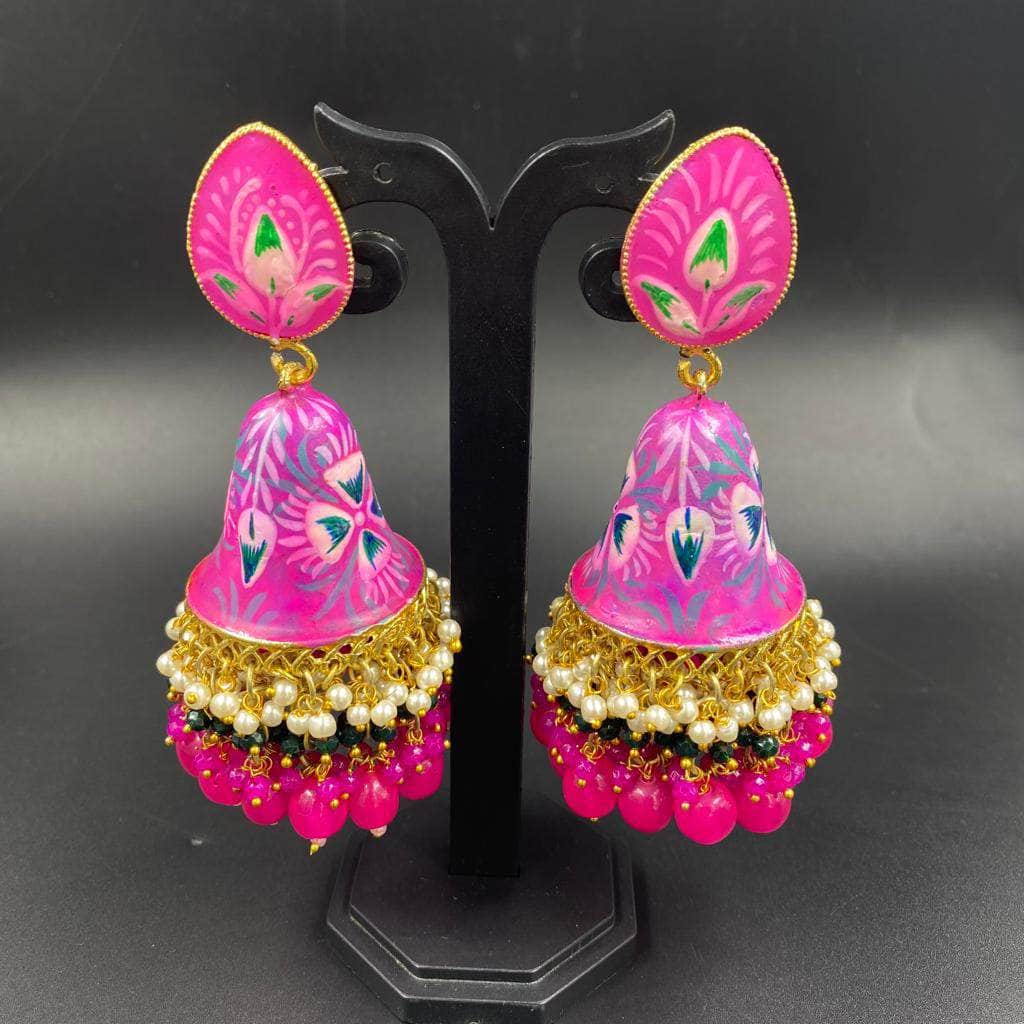 Zevar Earrings Pink Jhumkas/ Indian Jewelry/ Handpainted Earrings/ Meenakari Jhumka Set By Zevar.