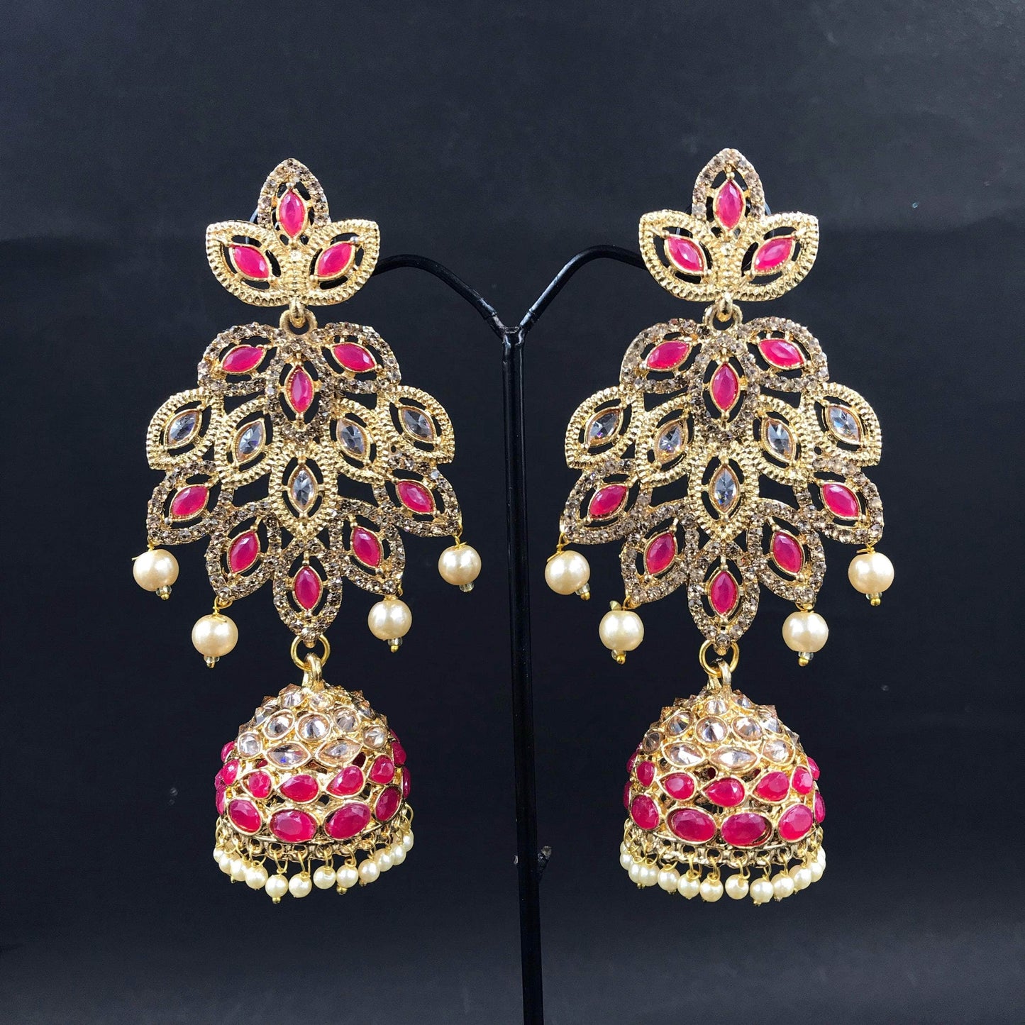 Zevar Earrings Pink Kundan Gold Pleted & Pear Long Earrings Design By Zevar