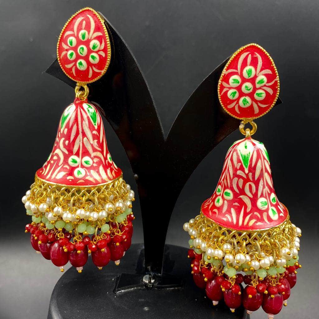 Zevar Earrings Red Jhumkas/ Indian Jewelry/ Handpainted Earrings/ Meenakari Jhumka Set By Zevar.