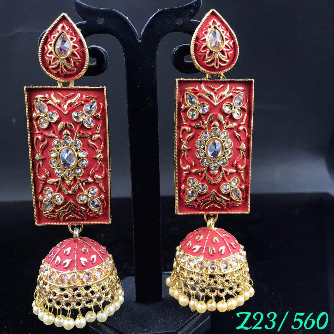 Zevar Earrings Red Kundan Minakari Long Jhumka earrings Design By Zevar