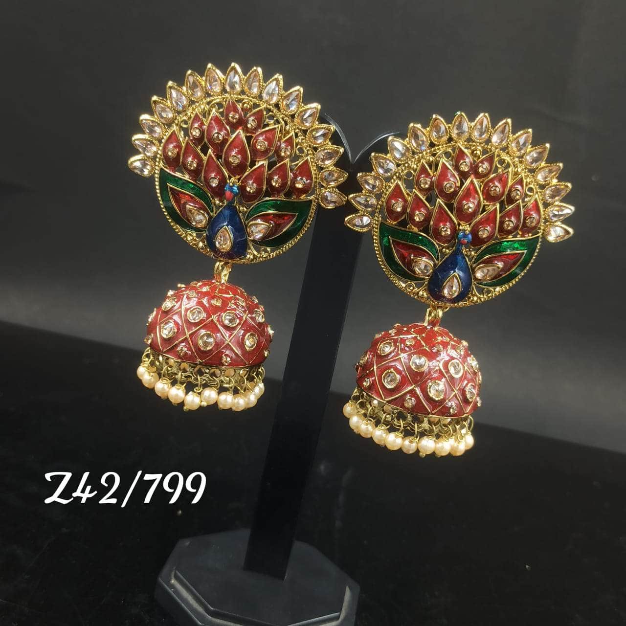 Zevar Earrings RED Kundan Minakari & Pearl Earring By Zevar