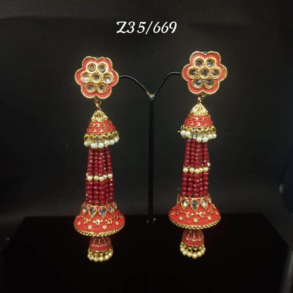 Zevar Earrings Red Kundan Pearl Earrings Jhumkas Design By Zevar