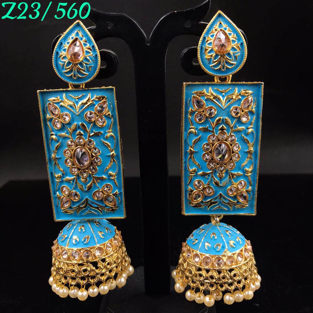 Zevar Earrings Sky blue Kundan Minakari Long Jhumka earrings Design By Zevar