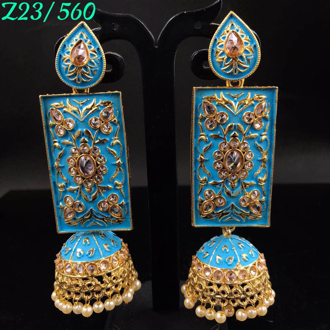 Zevar Earrings Sky blue Kundan Minakari Long Jhumka earrings Design By Zevar