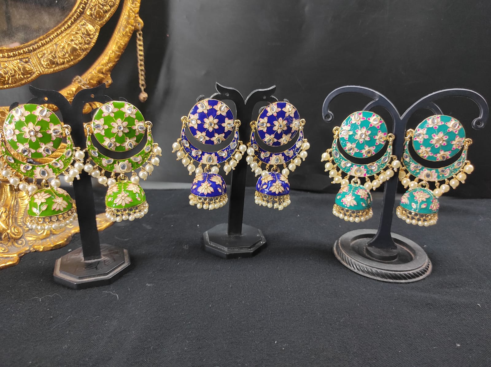 Blue Moti & Stonework Chandbali Meenakari Earrings – Maharani