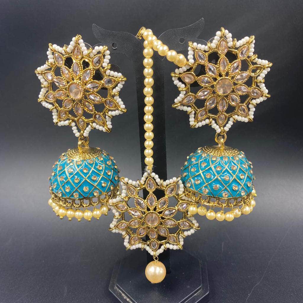 Zevar Earrings Very Beautiful Indian Kundan Jhumki earrings with Mangtika By Zevar.