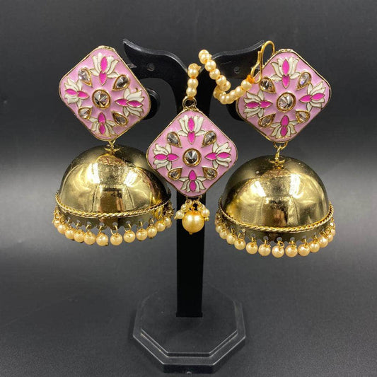 Zevar Earrings Very Beautifull Pink Meenakari Maangtikka And Earring Set by Zevar.
