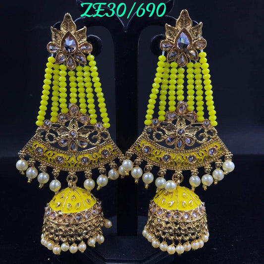 Zevar Earrings Yellow Kundan Minakari Long Jhumka Earrings Design By Zevar