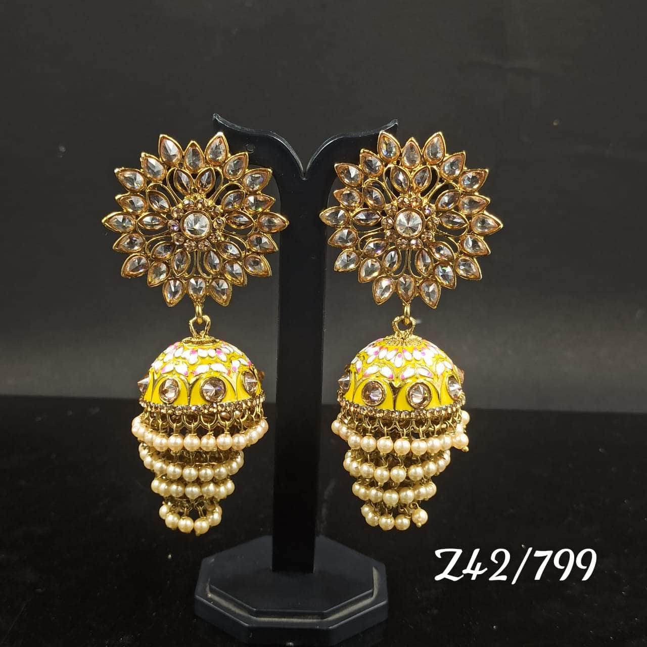 Zevar Earrings Yellow Kundan Pearl Earrings Jhumkas Design By Zevar