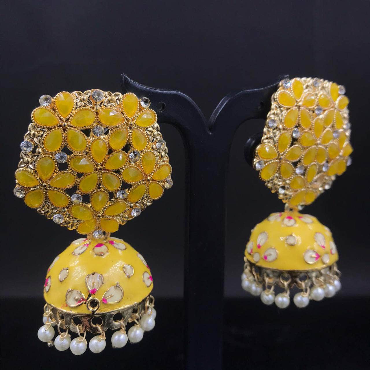 Zevar Earrings Yellow Latest Kundan Stone Jhumka Earrings Design By Zevar
