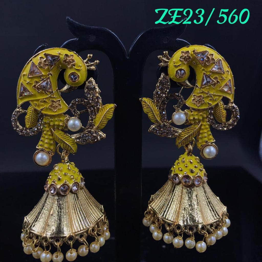 Zevar Earrings Yellow Peacock Design Brass, Metal Jhumki Earring By Zevar