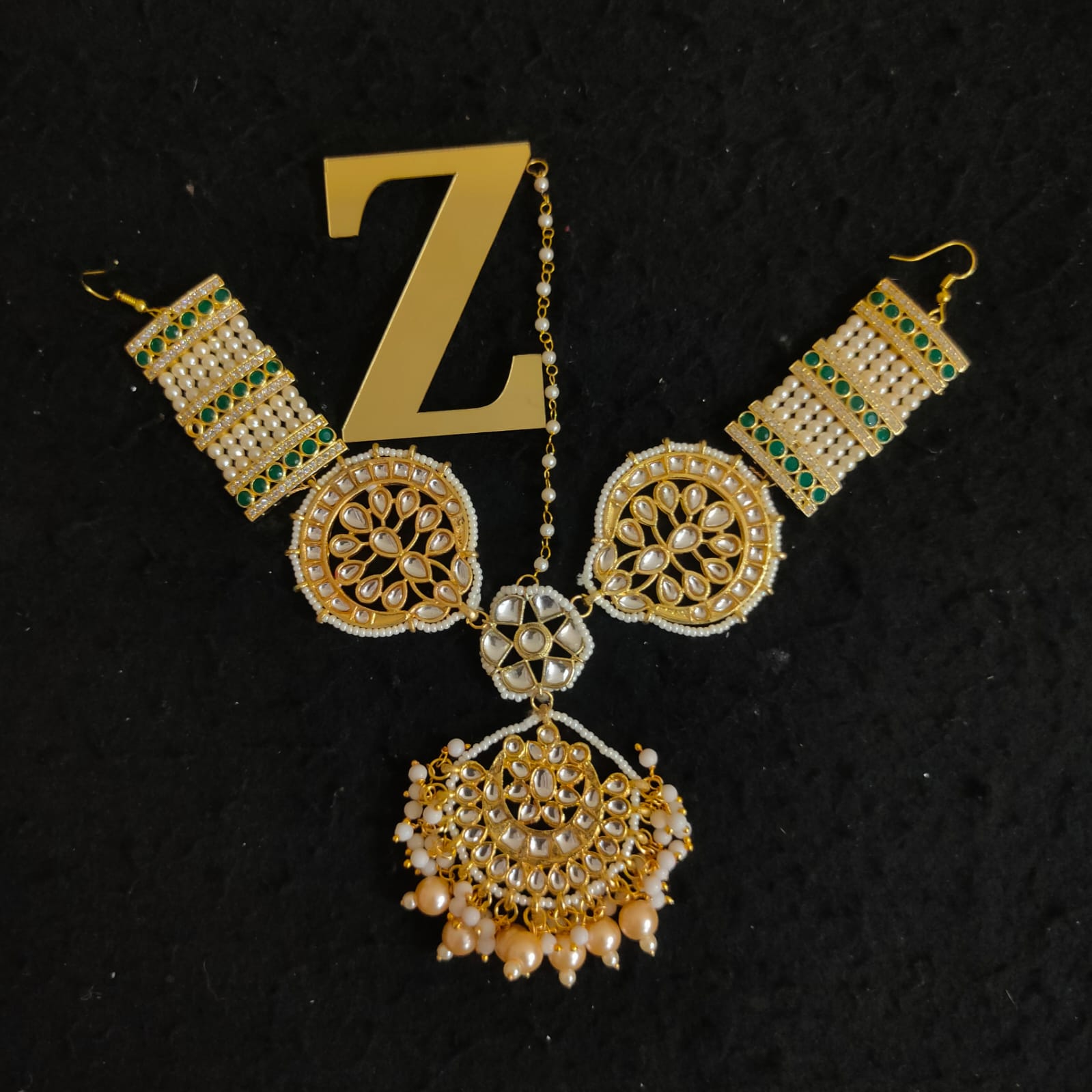 Zevar Gold-Plated White & Green Kundan-Studded & Pearl Beaded Handcrafted Matha Patti By Zevar