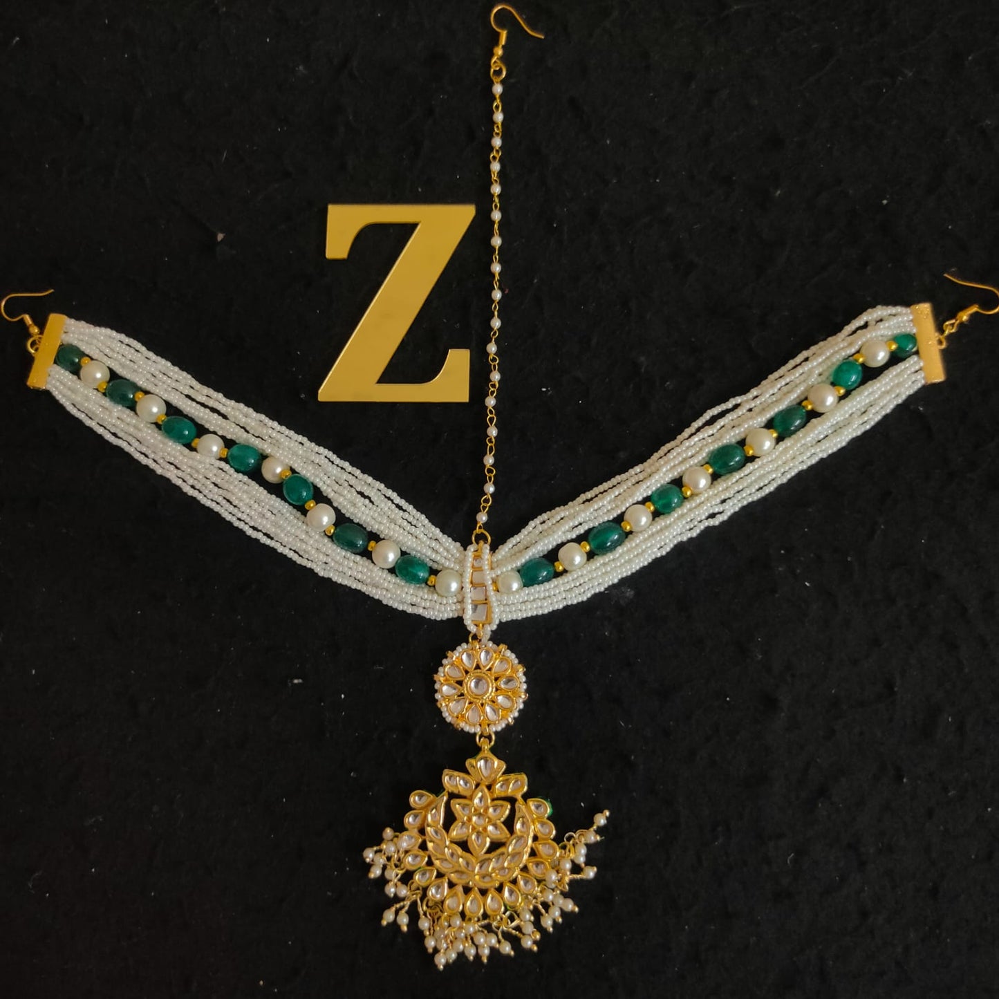 Zevar Copy of Gold-Plated White & Green Kundan-Studded & Pearl Beaded Handcrafted Matha Patti By Zevar