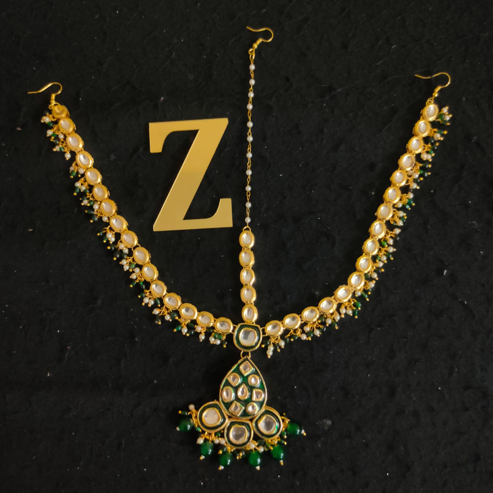 Zevar Gold-Plated White & Green Kundan-Studded & Pearl Beaded Handcrafted Matha Patti By Zevar