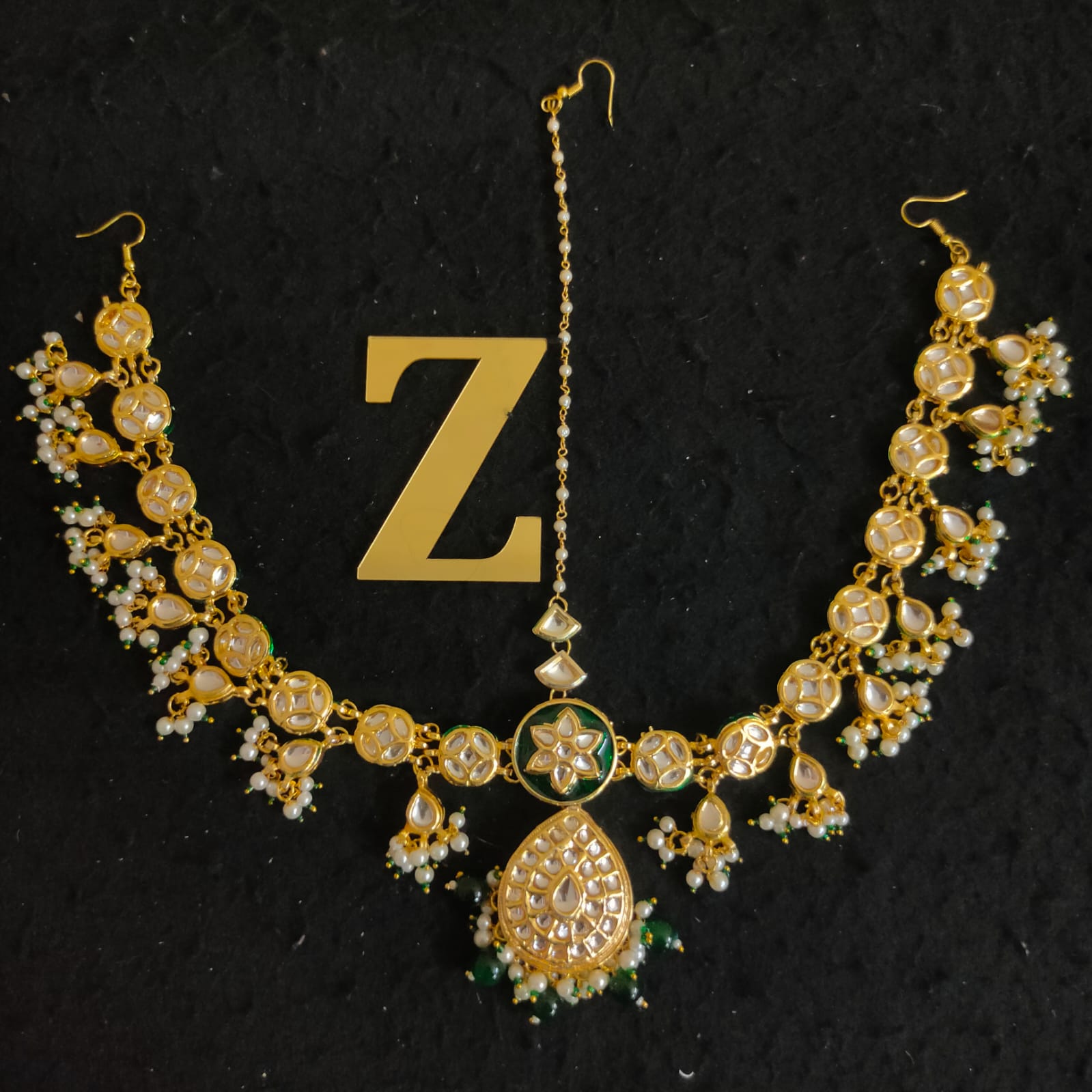 Zevar Gold-Plated White & Green Kundan-Studded & Pearl Beaded Handcrafted Matha Patti By Zevar