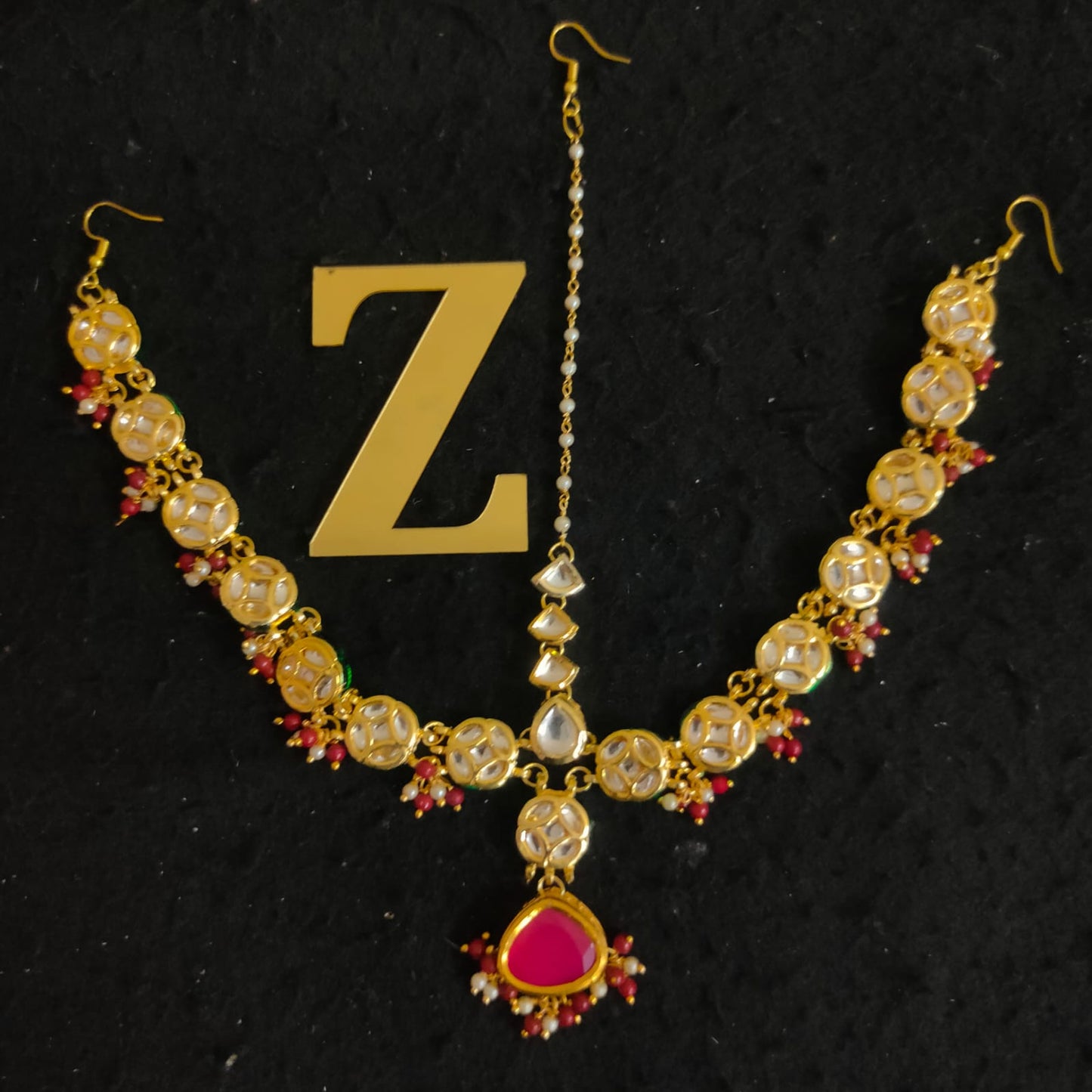 Zevar Gold-Plated White & Green Kundan-Studded & Pearl Beaded Handcrafted Matha Patti By Zevar