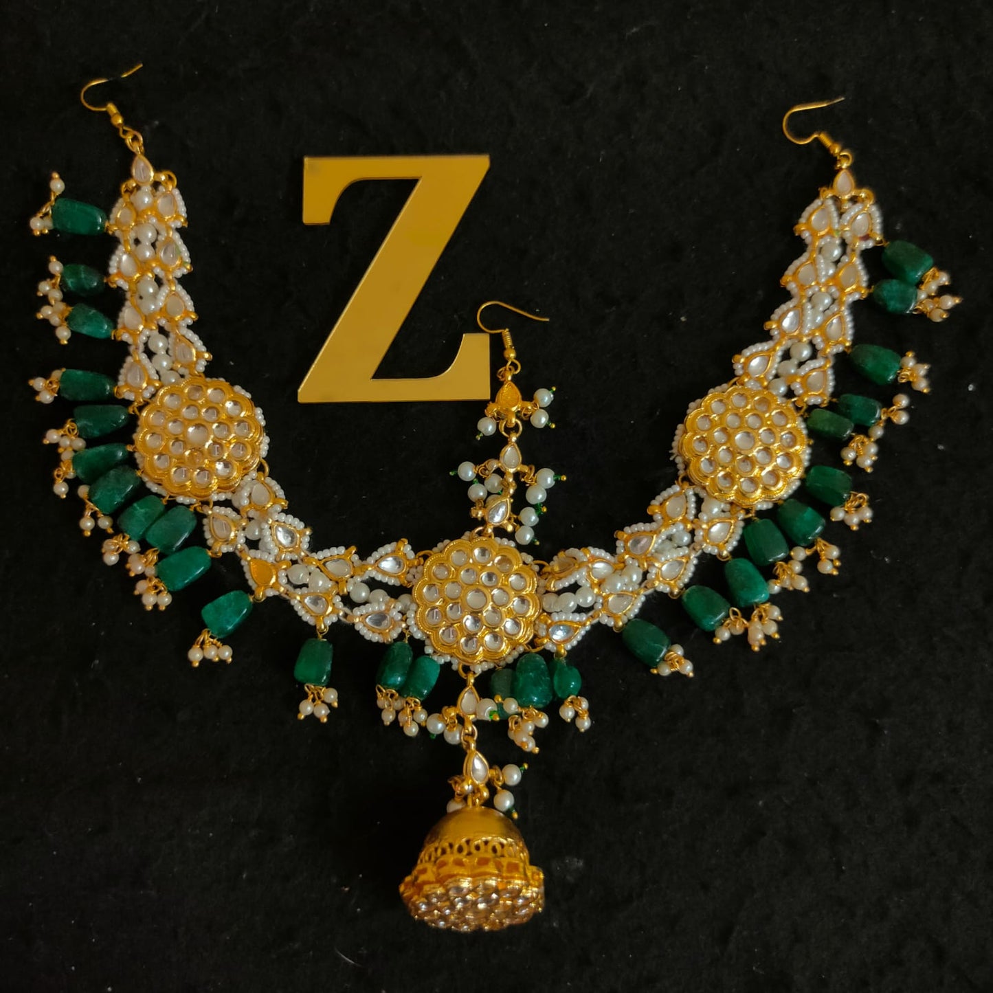 Zevar Gold-Plated White & Green Kundan-Studded & Pearl Beaded Handcrafted Matha Patti By Zevar