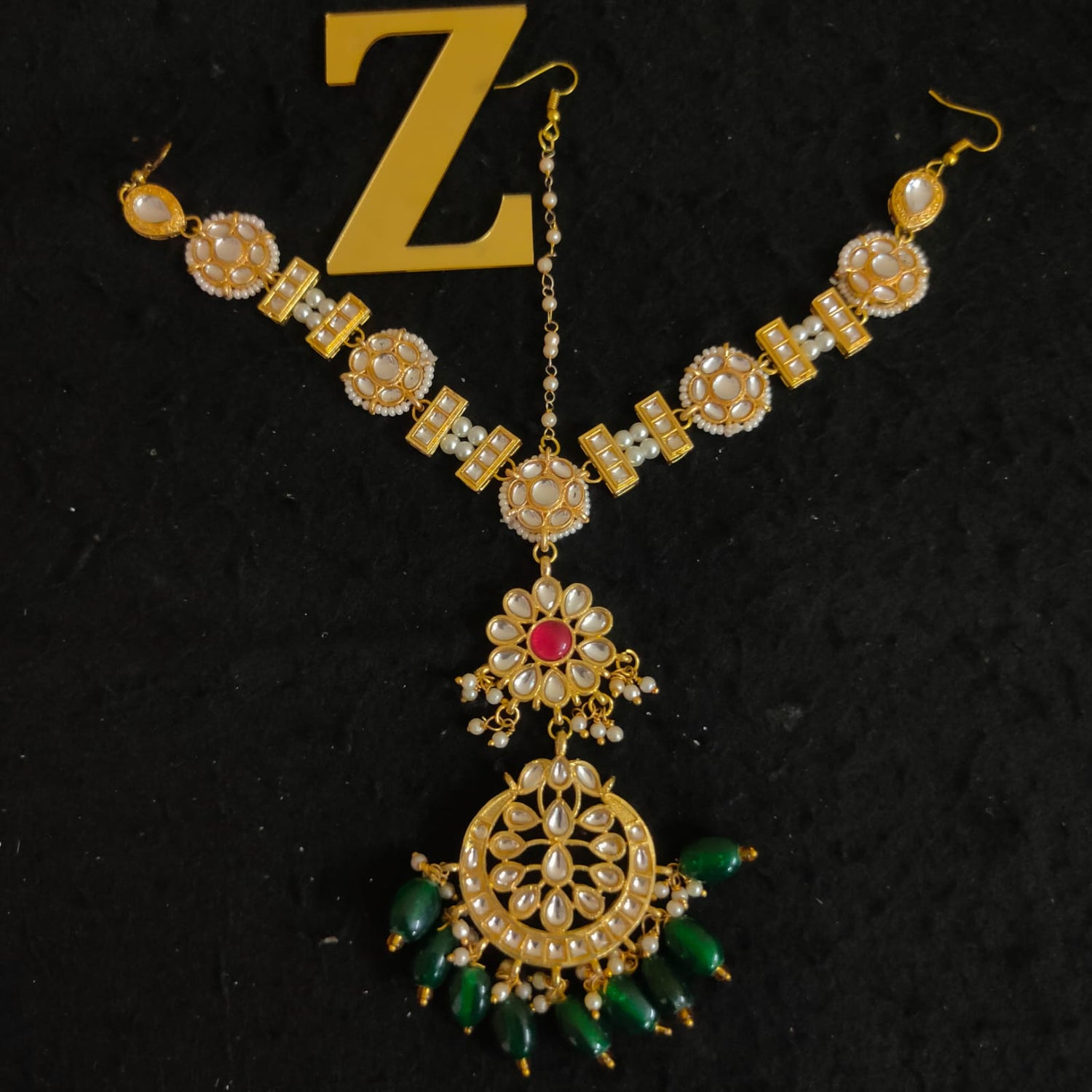 Zevar Gold-Plated White & Green Kundan-Studded & Pearl Beaded Handcrafted Matha Patti By Zevar