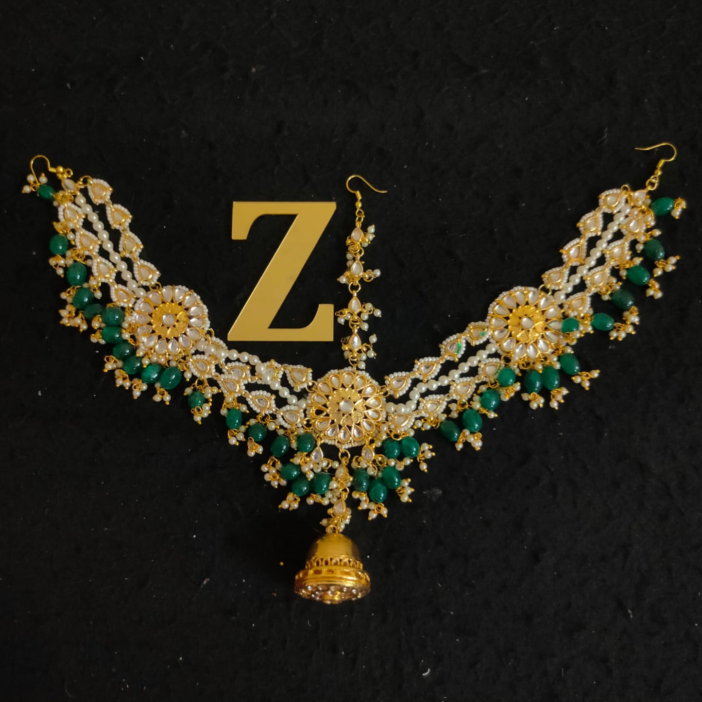 Zevar Gold-Plated White & Green rajasthani borla maang tikka Handcrafted Matha Patti By Zevar