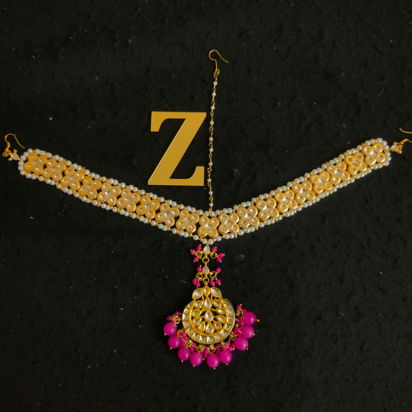 Zevar Gold-Plated White & Pink Kundan-Studded & Pearl Beaded Handcrafted Matha Patti By Zevar
