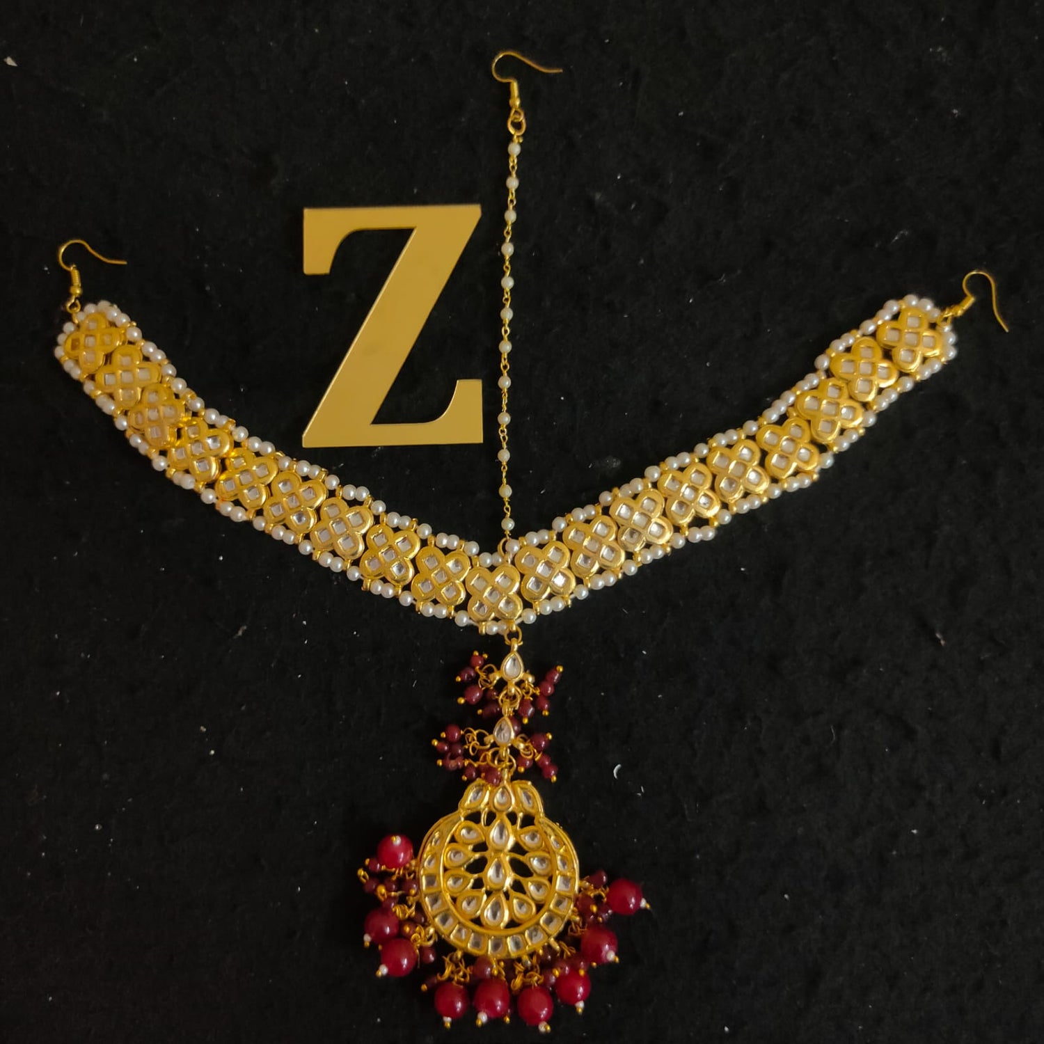 Zevar Gold-Plated White & Red  Kundan-Studded & Pearl Beaded Handcrafted Matha Patti By Zevar