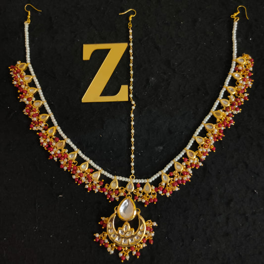 Zevar Gold-Plated White & Red Kundan-Studded & Pearl Beaded Handcrafted Matha Patti By Zevar