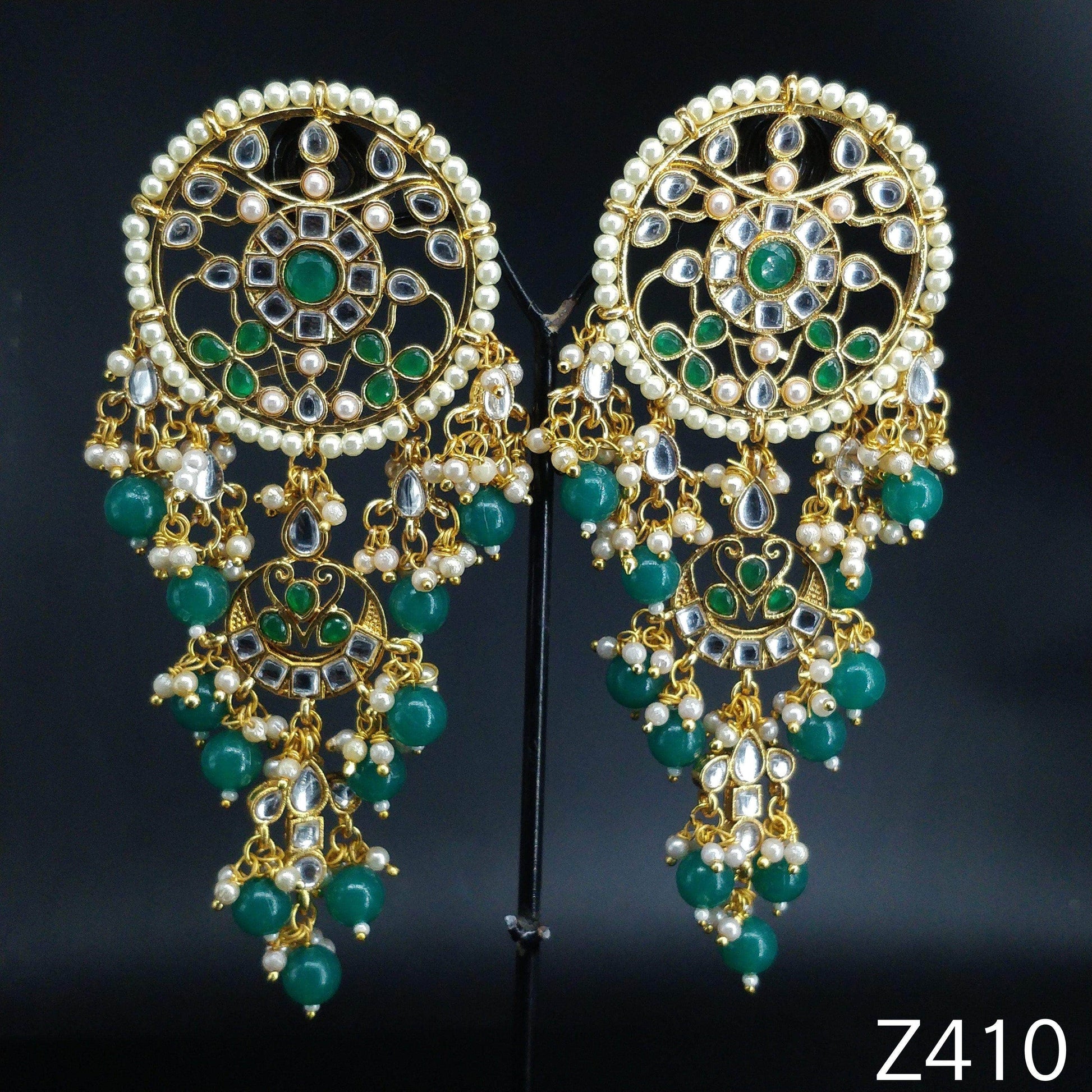 Green Gold Tone Kundan Earrings - Zevar