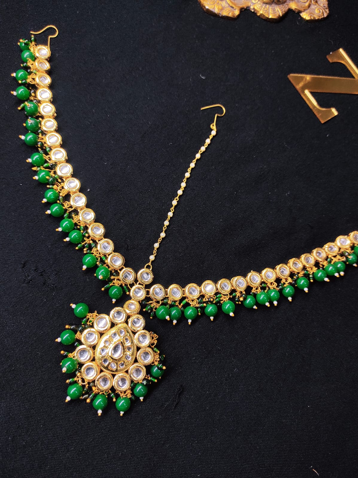 Zevar Green Kundan-Studded & Pearl Beaded Handcrafted Matha Patti By Zevar