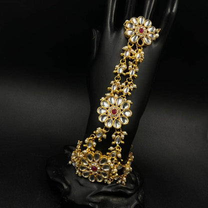Zevar Haathphool Indian Punjabi Handcrafted Gold Polki Adjustable Hand Jewelry Bracelet Ring By Zevar.