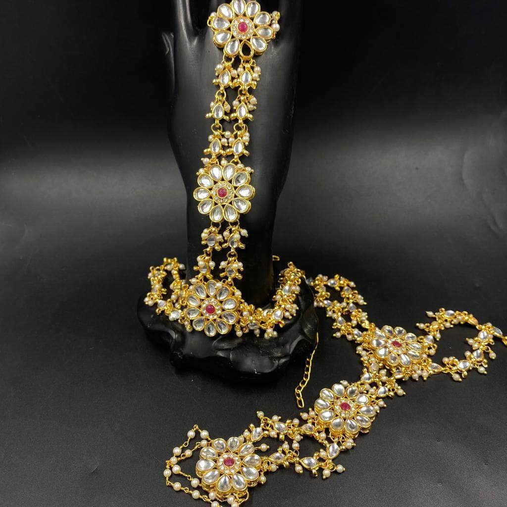 Buy Laida Gold-Toned & White Kundan Pearl Studded Ring Bracelet H & Chains  online
