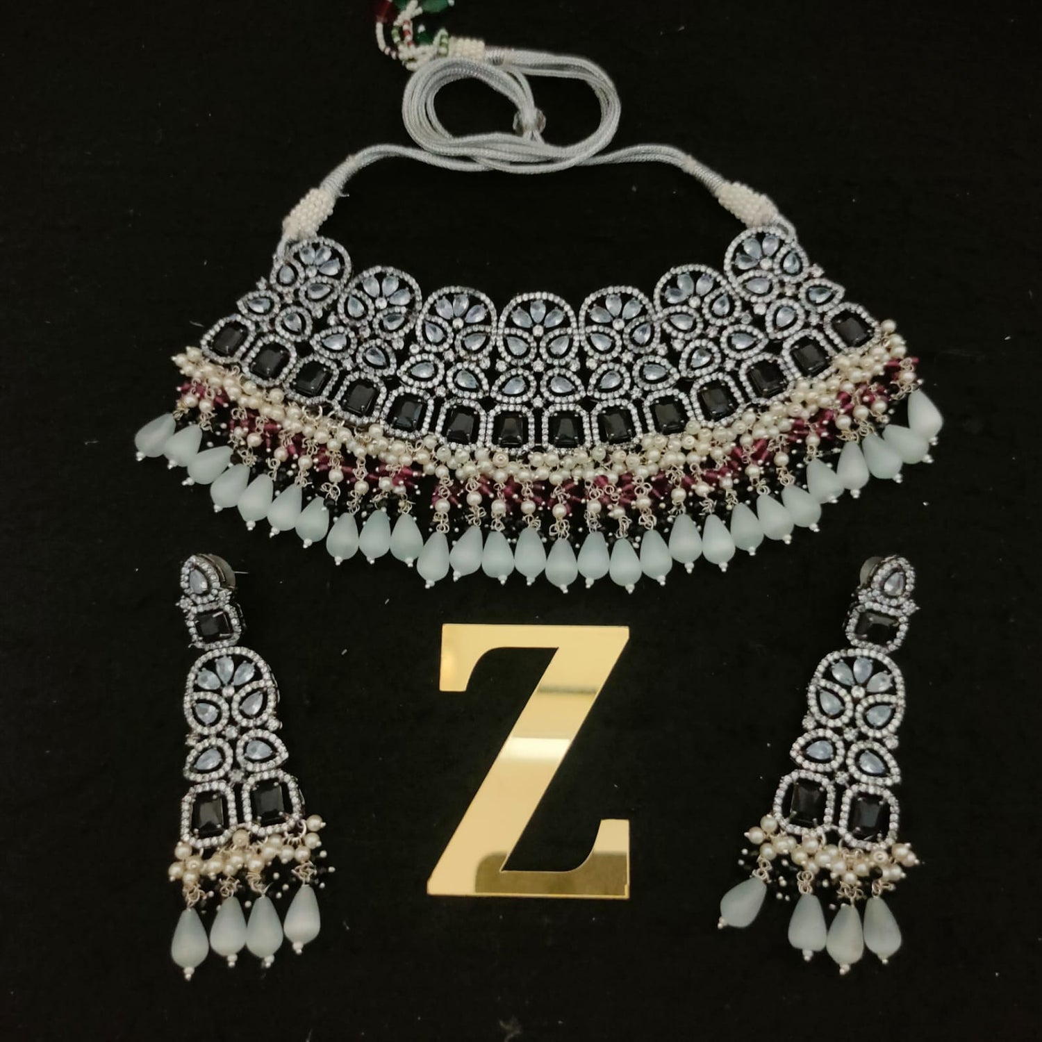 Zevar Jewelry Black Stone AD Choker Necklace Set By Zevar