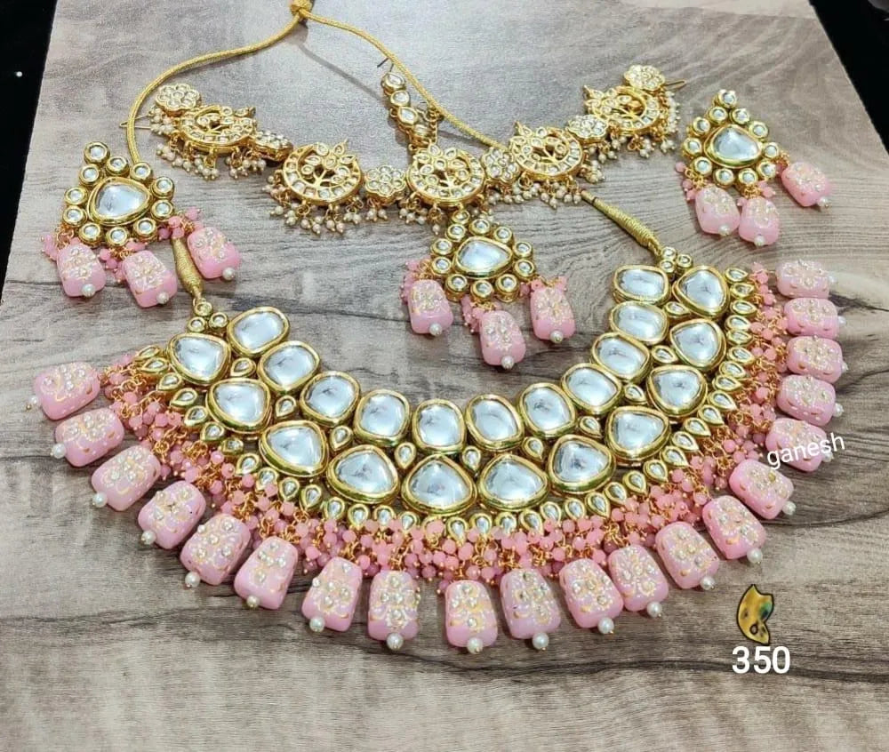 Zevar Jewelry Blush Pink Kundan Bridal Set earrings and maang tikka Jewellery set By Zevar