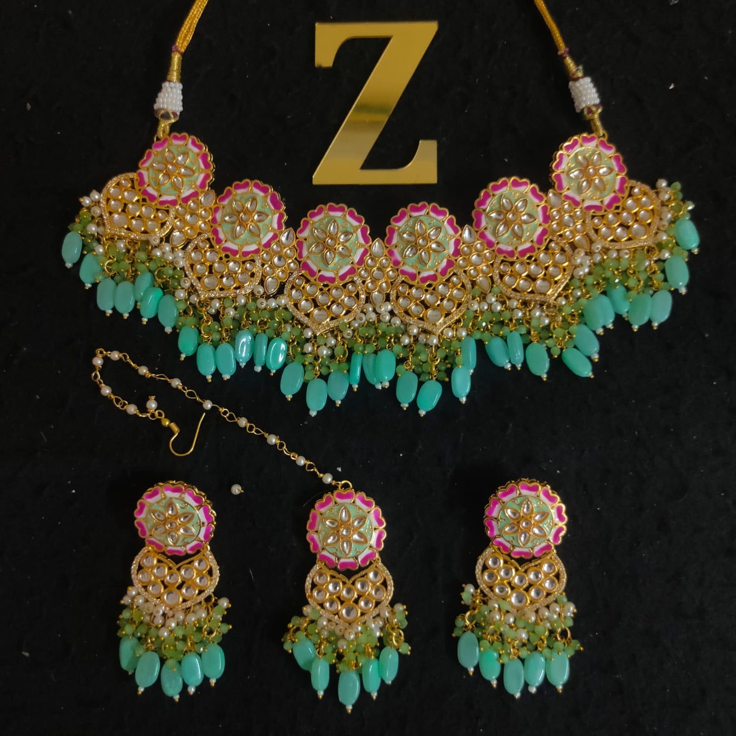 Zevar Jewelry Copy of Meenakari Choker Necklace earrings maangtikka set by Zevar