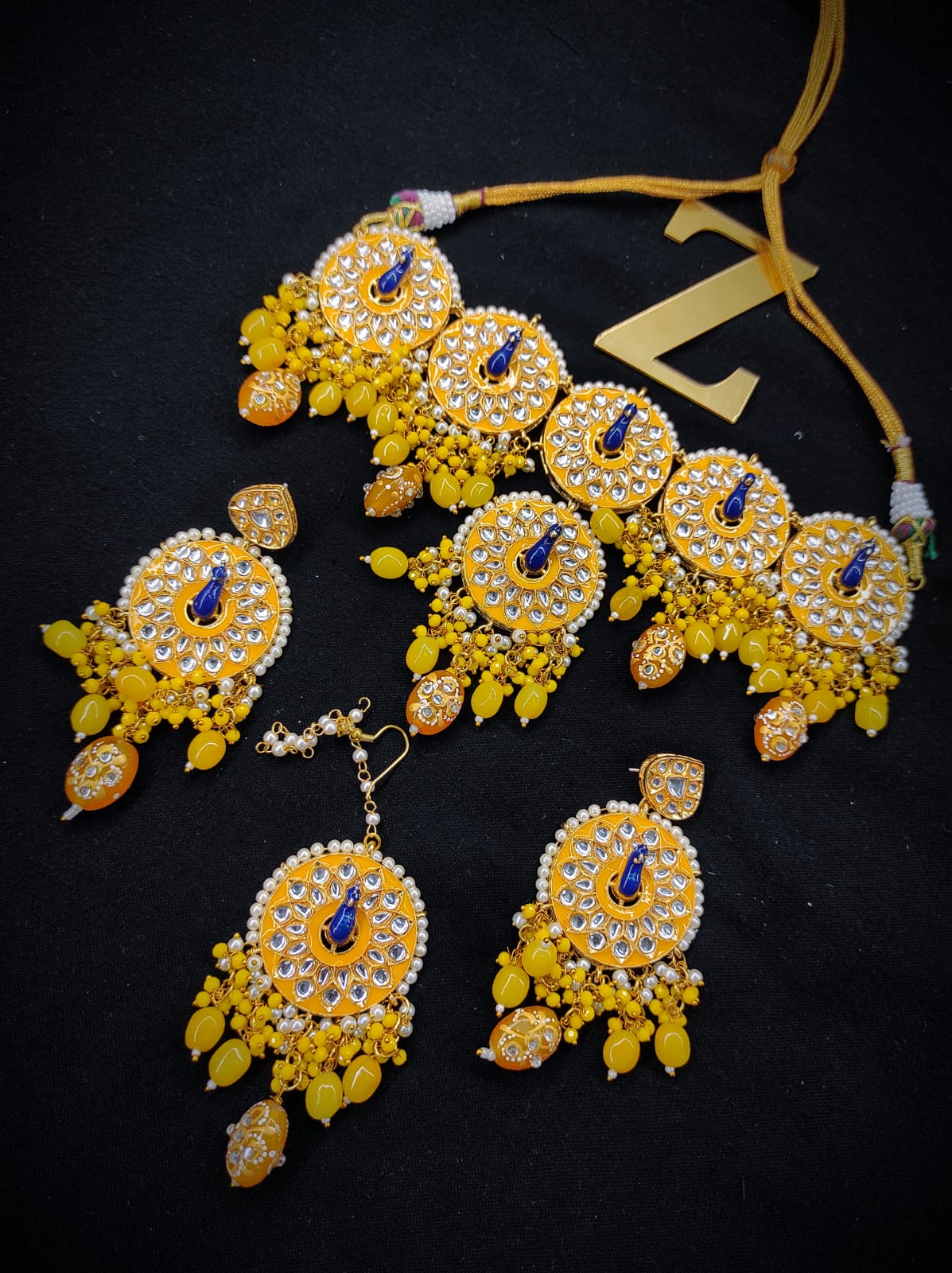 Zevar Jewelry Copy of Meenakari Peacock Choker Necklace Earrings With Maangtikka Set By Zevar