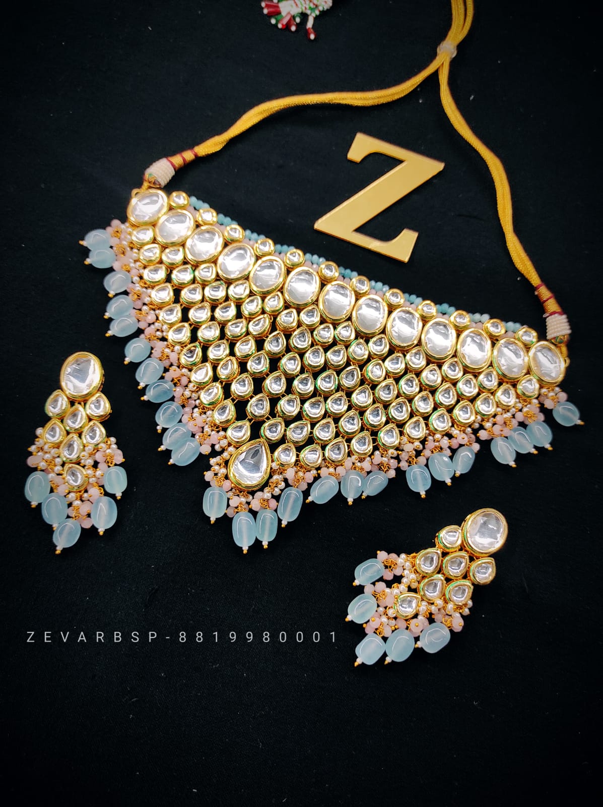 Zevar Jewelry Copy of Premium Quality AD Stone Monalisa Beads Uncut Kundan Bridal Jewellery Set By Zevar
